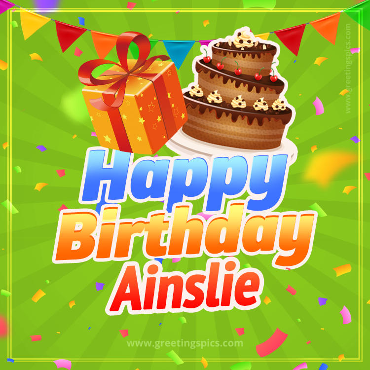 Happy Birthday Ainslie picture with flags, chocolate cake and gift box (square shape image)