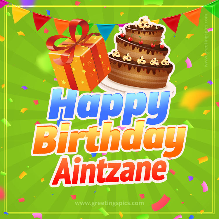 Happy Birthday Aintzane picture with flags, chocolate cake and gift box (square shape image)