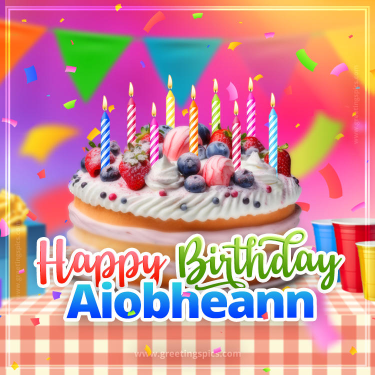 Happy Birthday Aiobheann Colorful Image with fruit cake and candles (square shape image)