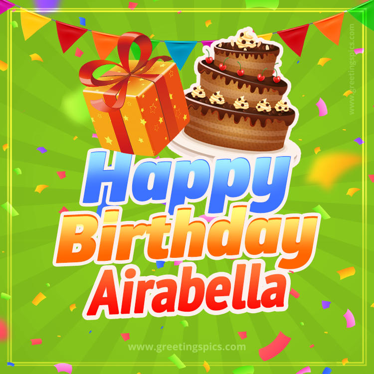 Happy Birthday Airabella picture with flags, chocolate cake and gift box (square shape image)