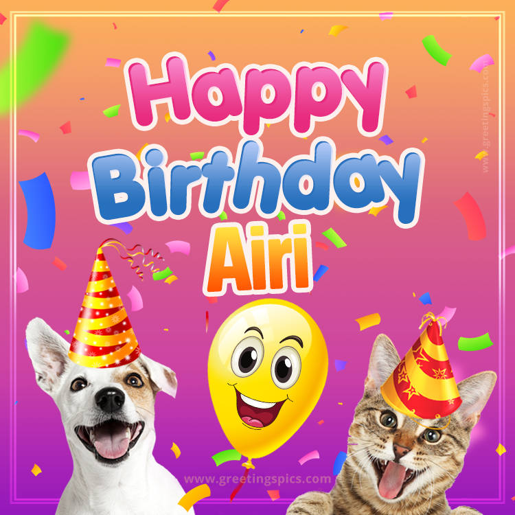 Happy Birthday Airi Funny Image with cat and dog (square shape image)