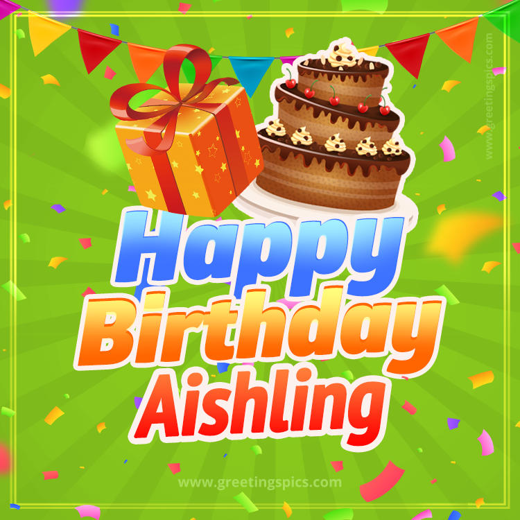 Happy Birthday Aishling picture with flags, chocolate cake and gift box (square shape image)