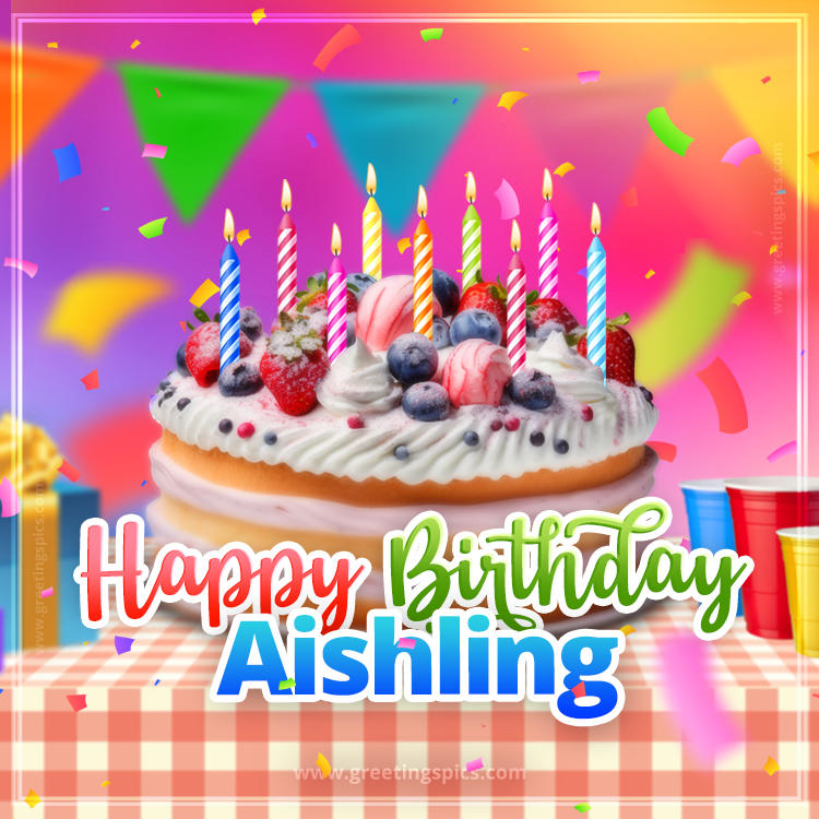 Happy Birthday Aishling Colorful Image with fruit cake and candles (square shape image)