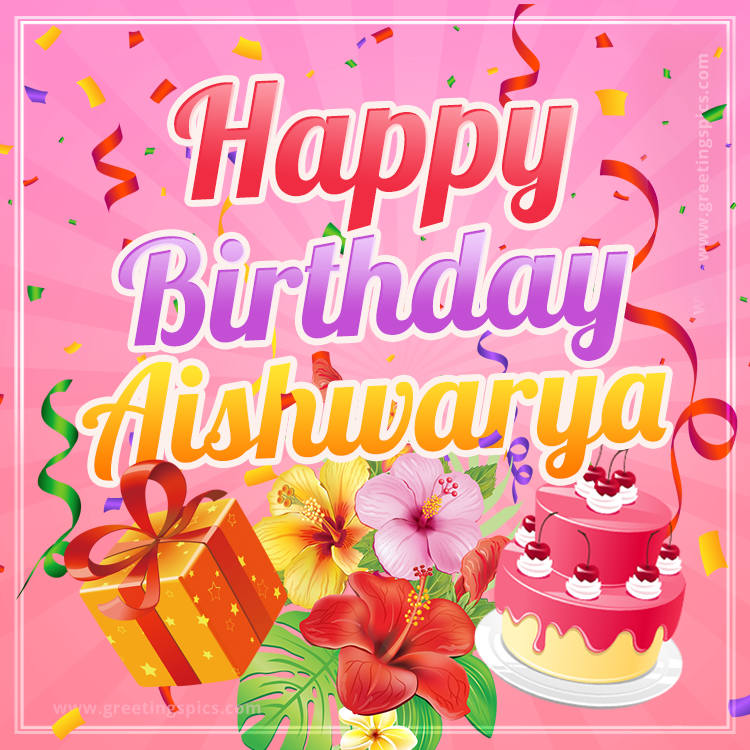 Beautiful Birthday Card for Aishwarya with Cake and bouquet of flowers (square shape image)