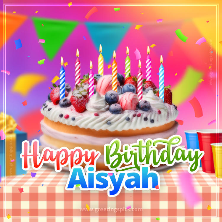 Happy Birthday Aisyah Colorful Image with fruit cake and candles (square shape image)