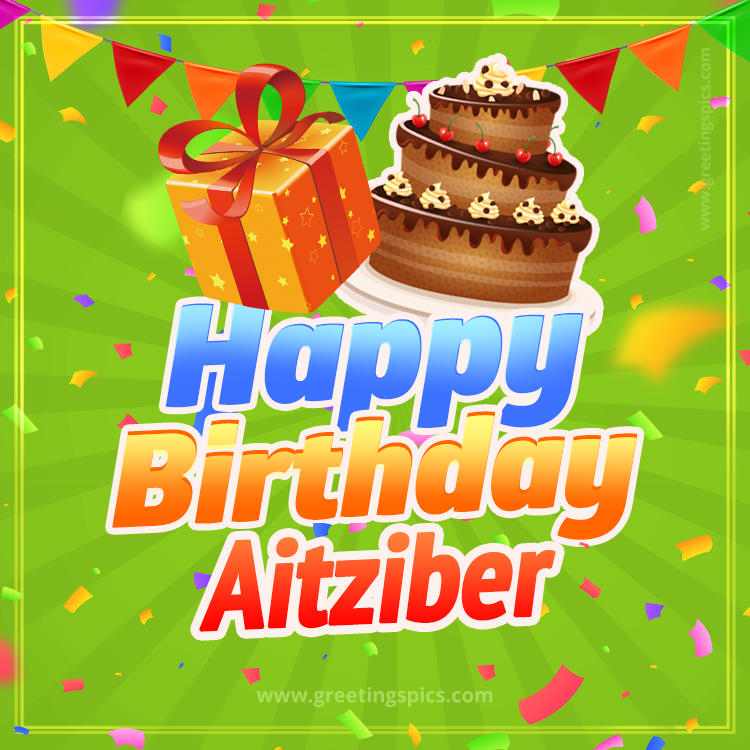 Happy Birthday Aitziber picture with flags, chocolate cake and gift box (square shape image)