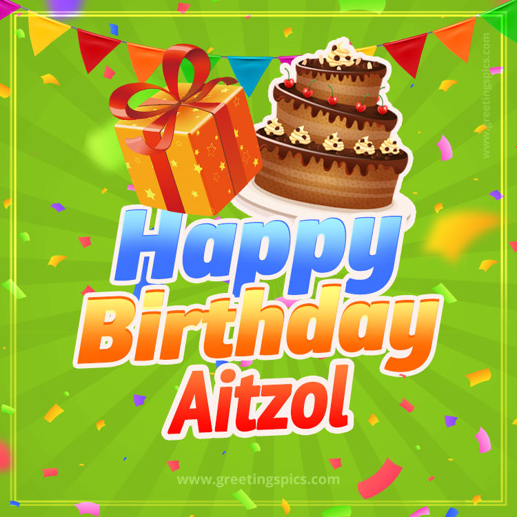 Happy Birthday Aitzol picture with flags, chocolate cake and gift box (square shape image)