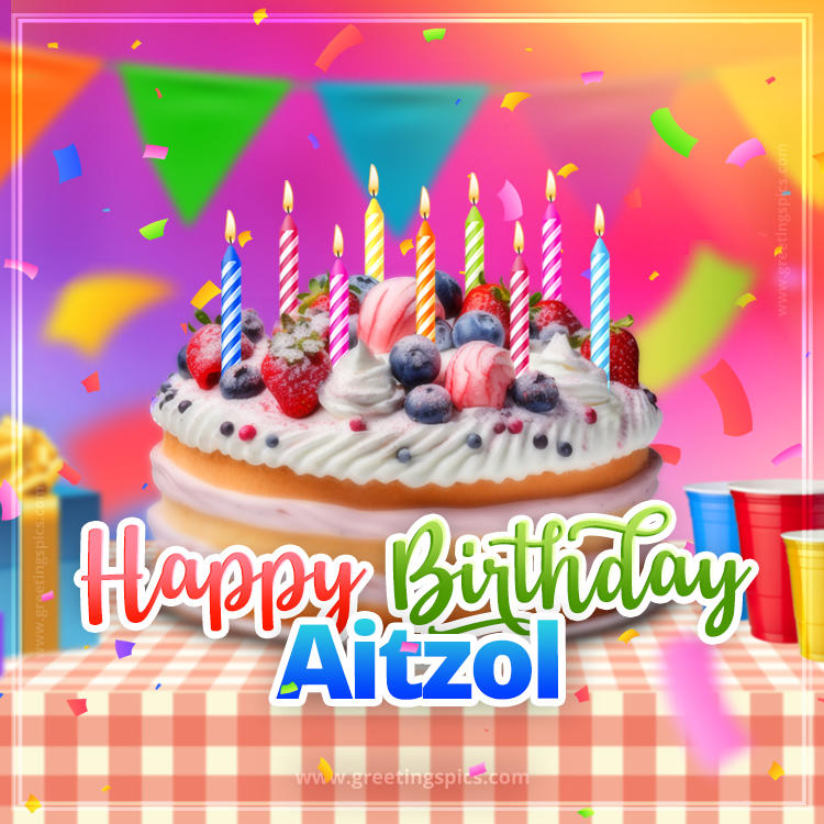 Happy Birthday Aitzol Colorful Image with fruit cake and candles (square shape image)