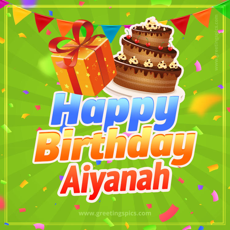 Happy Birthday Aiyanah picture with flags, chocolate cake and gift box (square shape image)