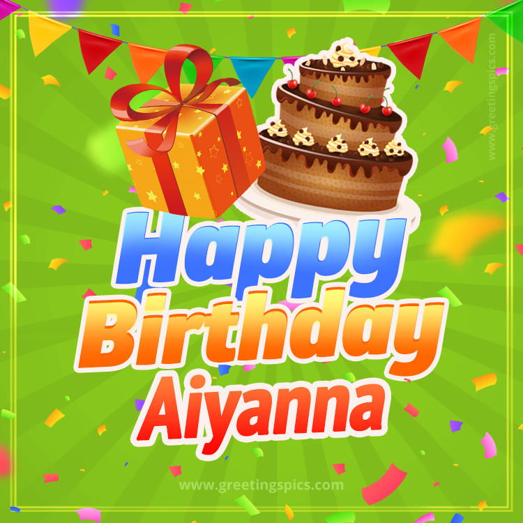 Happy Birthday Aiyanna picture with flags, chocolate cake and gift box (square shape image)