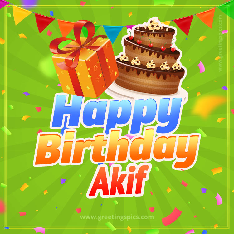 Happy Birthday Akif picture with flags, chocolate cake and gift box (square shape image)