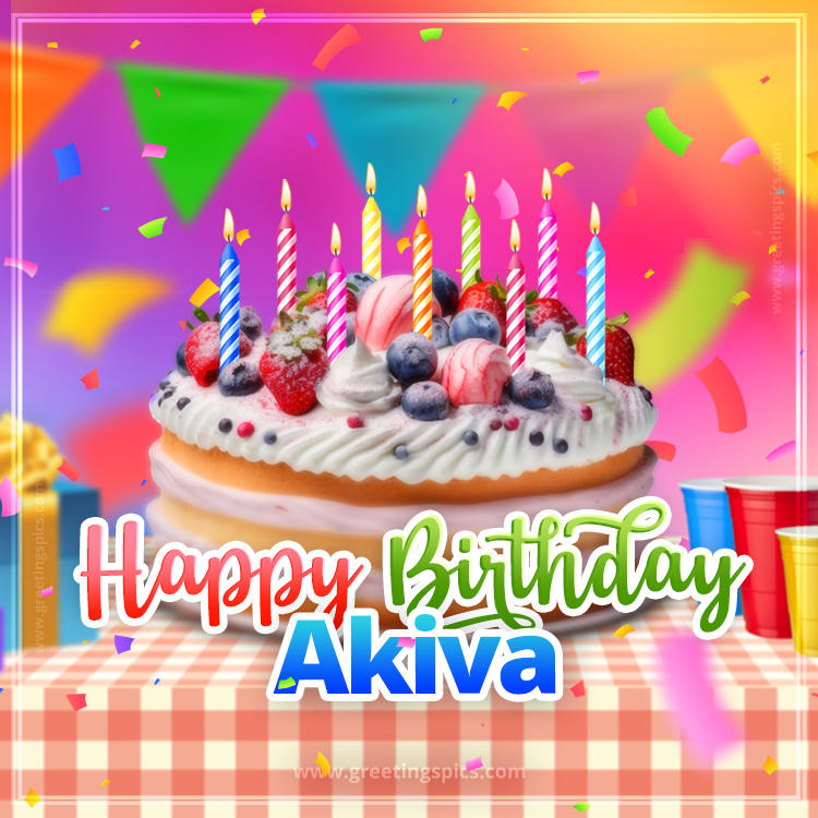 Happy Birthday Akiva Colorful Image with fruit cake and candles (square shape image)