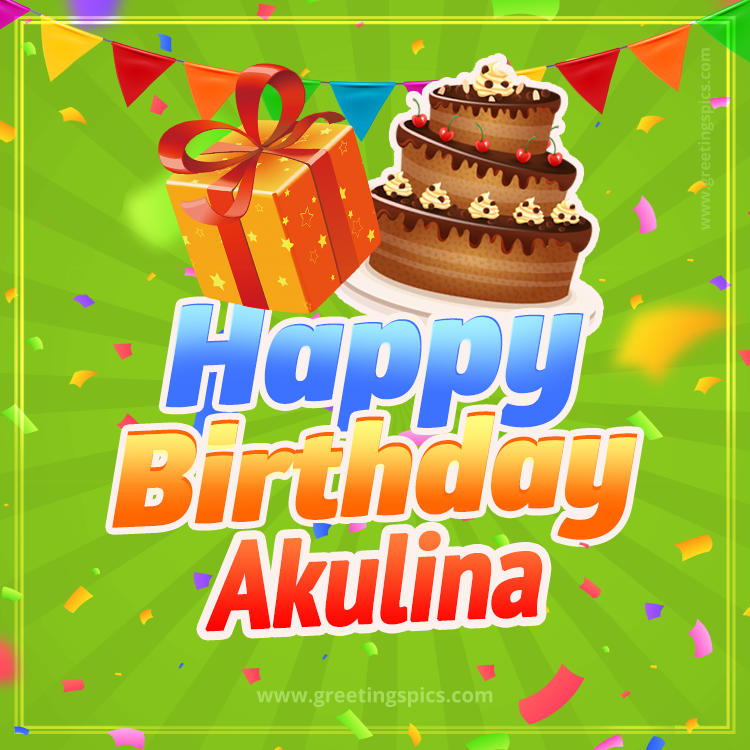 Happy Birthday Akulina picture with flags, chocolate cake and gift box (square shape image)