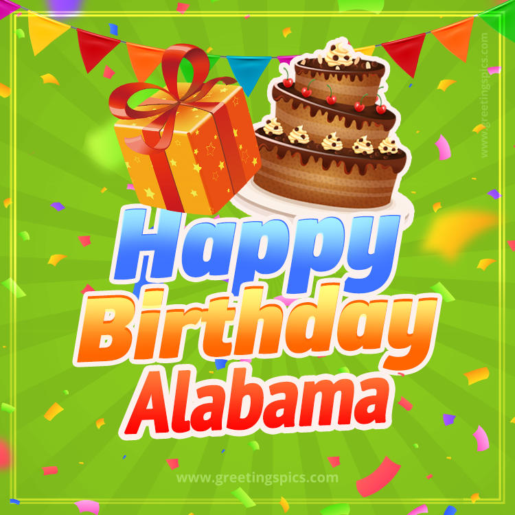 Happy Birthday Alabama picture with flags, chocolate cake and gift box (square shape image)