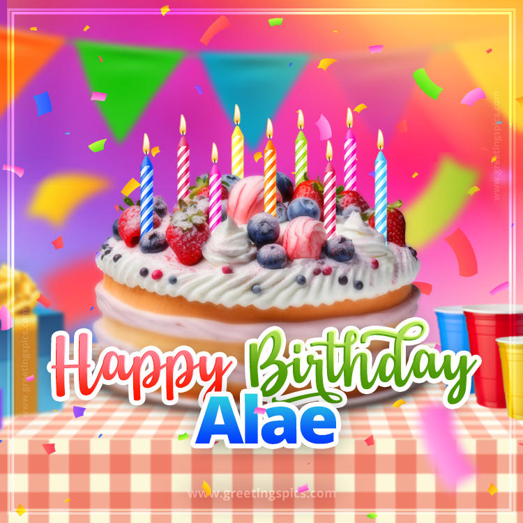 Happy Birthday Alae Colorful Image with fruit cake and candles (square shape image)