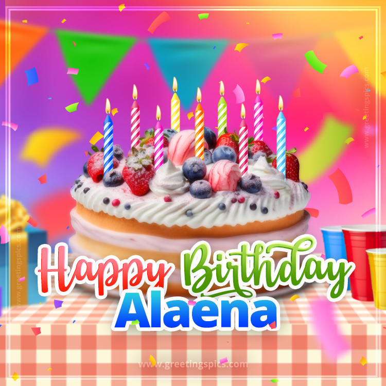 Happy Birthday Alaena Colorful Image with fruit cake and candles (square shape image)