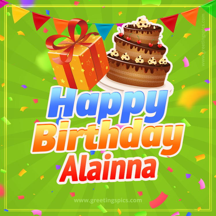 Happy Birthday Alainna picture with flags, chocolate cake and gift box (square shape image)