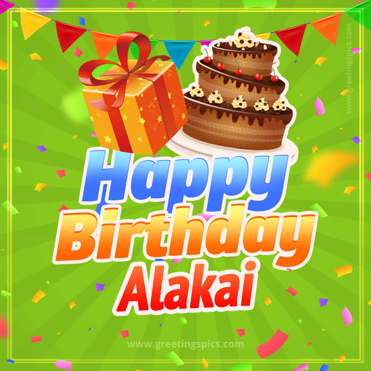 Happy Birthday Alakai picture with flags, chocolate cake and gift box (square shape image)