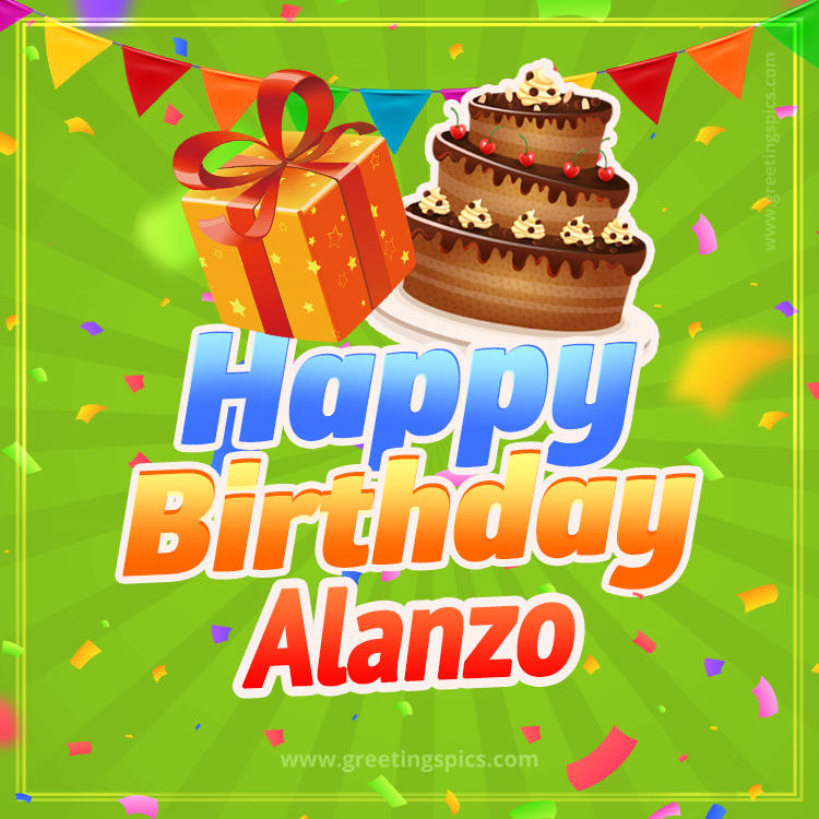 Happy Birthday Alanzo picture with flags, chocolate cake and gift box (square shape image)