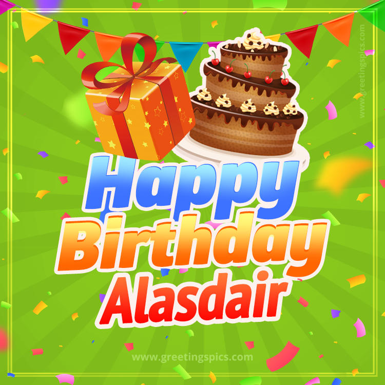 Happy Birthday Alasdair picture with flags, chocolate cake and gift box (square shape image)