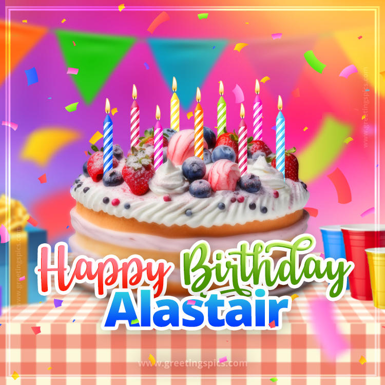 Happy Birthday Alastair Colorful Image with fruit cake and candles (square shape image)