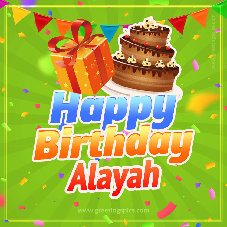 Happy Birthday Alayah picture with flags, chocolate cake and gift box (square shape image)