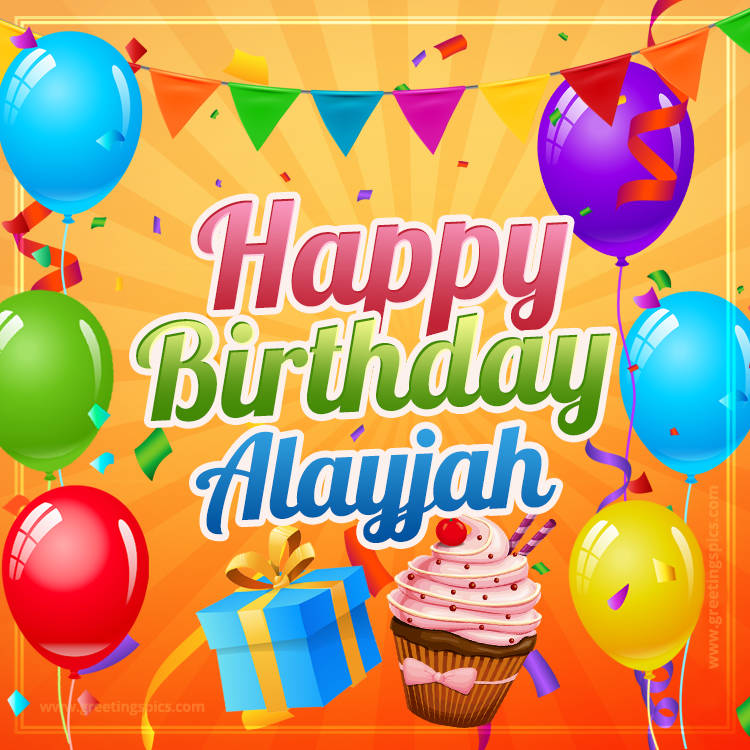 Happy Birthday Alayjah eCard with gift box and cupcake (square shape image)