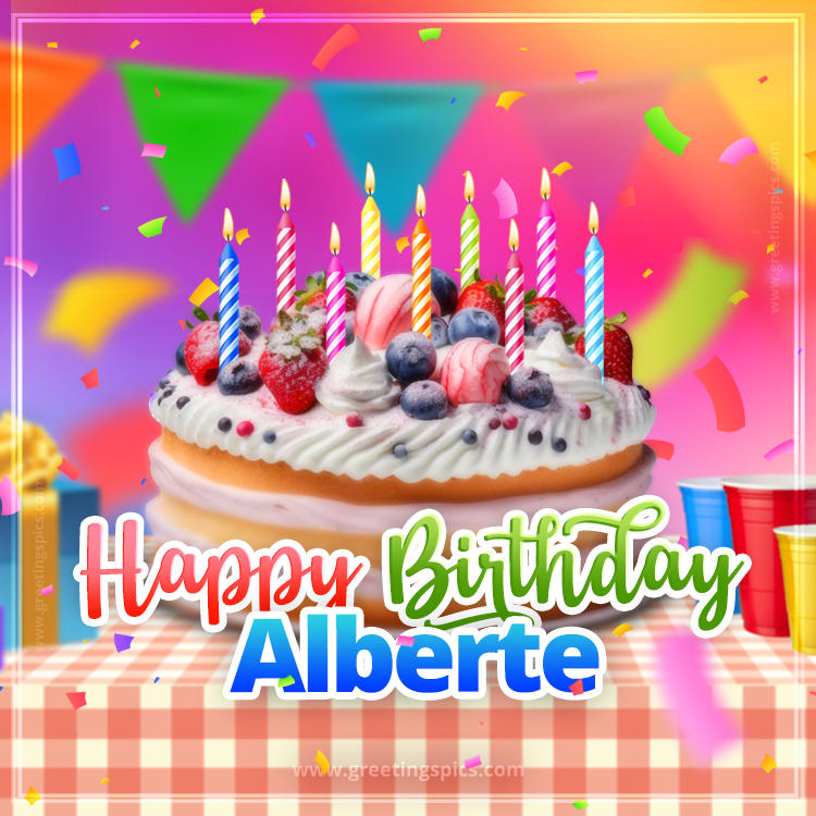 Happy Birthday Alberte Colorful Image with fruit cake and candles (square shape image)