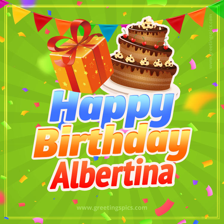 Happy Birthday Albertina picture with flags, chocolate cake and gift box (square shape image)