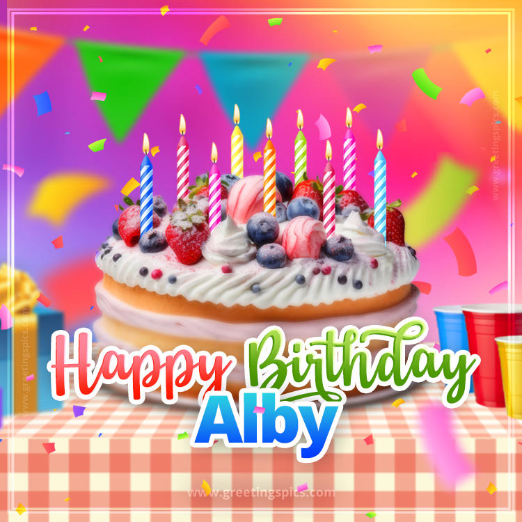 Happy Birthday Alby Colorful Image with fruit cake and candles (square shape image)