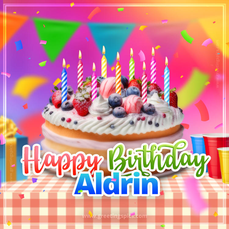 Happy Birthday Aldrin Colorful Image with fruit cake and candles (square shape image)
