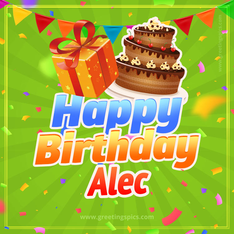 Happy Birthday Alec picture with flags, chocolate cake and gift box (square shape image)