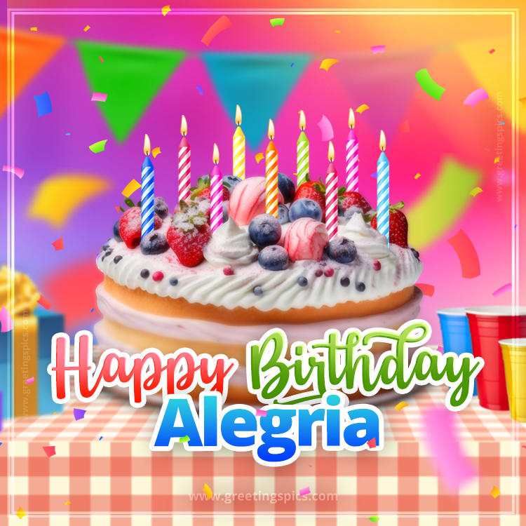 Happy Birthday Alegria Colorful Image with fruit cake and candles (square shape image)