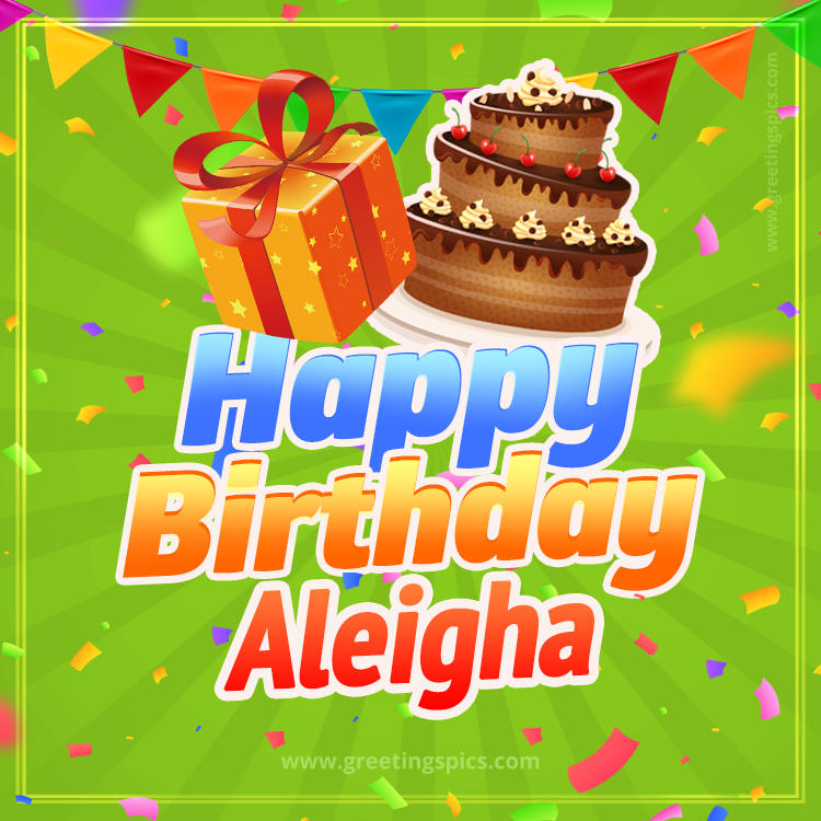 Happy Birthday Aleigha picture with flags, chocolate cake and gift box (square shape image)