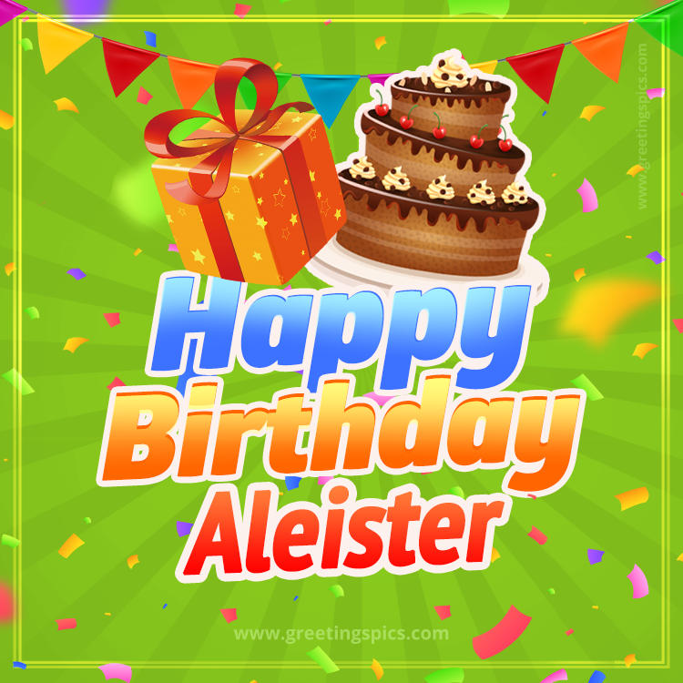 Happy Birthday Aleister picture with flags, chocolate cake and gift box (square shape image)