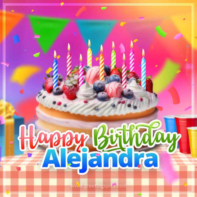 Happy Birthday Alejandra Colorful Image with fruit cake and candles (square shape image)