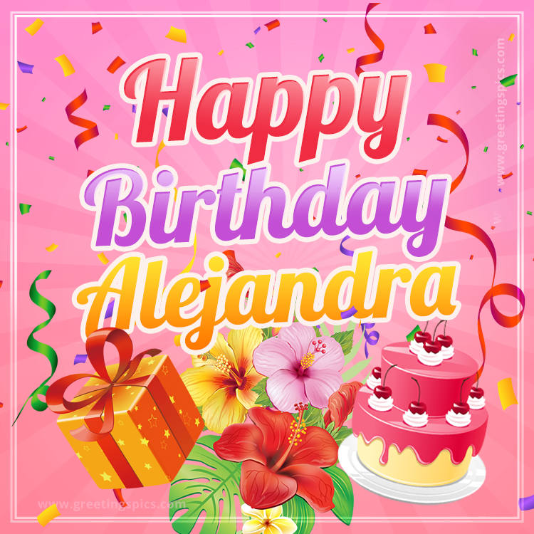 Beautiful Birthday Card for Alejandra with Cake and bouquet of flowers (square shape image)