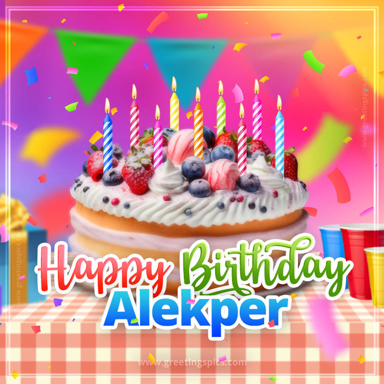 Happy Birthday Alekper Colorful Image with fruit cake and candles (square shape image)