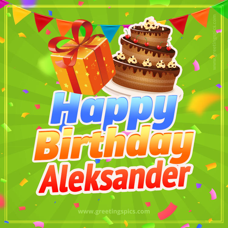 Happy Birthday Aleksander picture with flags, chocolate cake and gift box (square shape image)