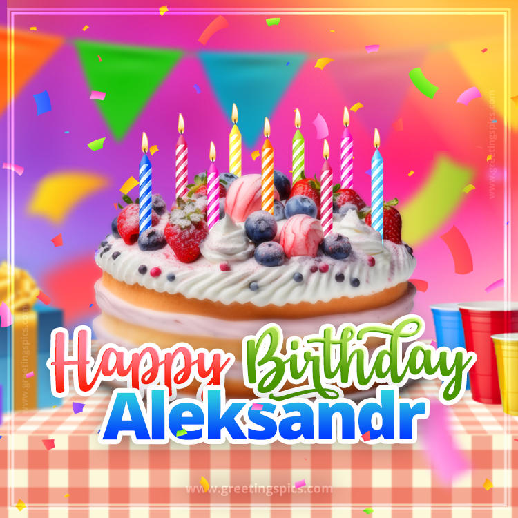 Happy Birthday Aleksandr Colorful Image with fruit cake and candles (square shape image)