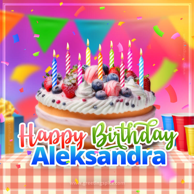 Happy Birthday Aleksandra Colorful Image with fruit cake and candles (square shape image)