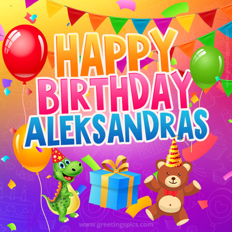 Happy Birthday Aleksandras Image for a child with cute baby dinosaur and bear (square shape image)