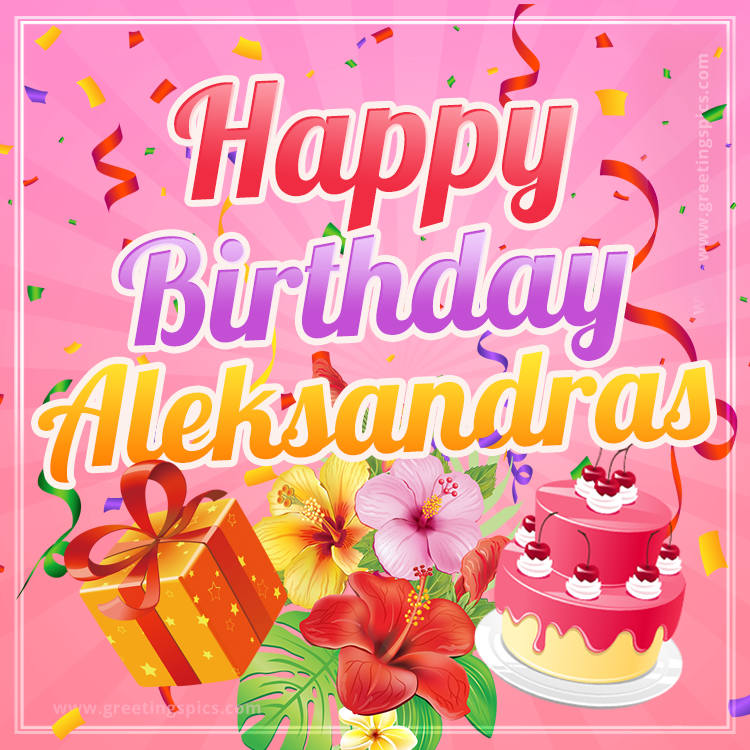 Beautiful Birthday Card for Aleksandras with pink background (square shape image)