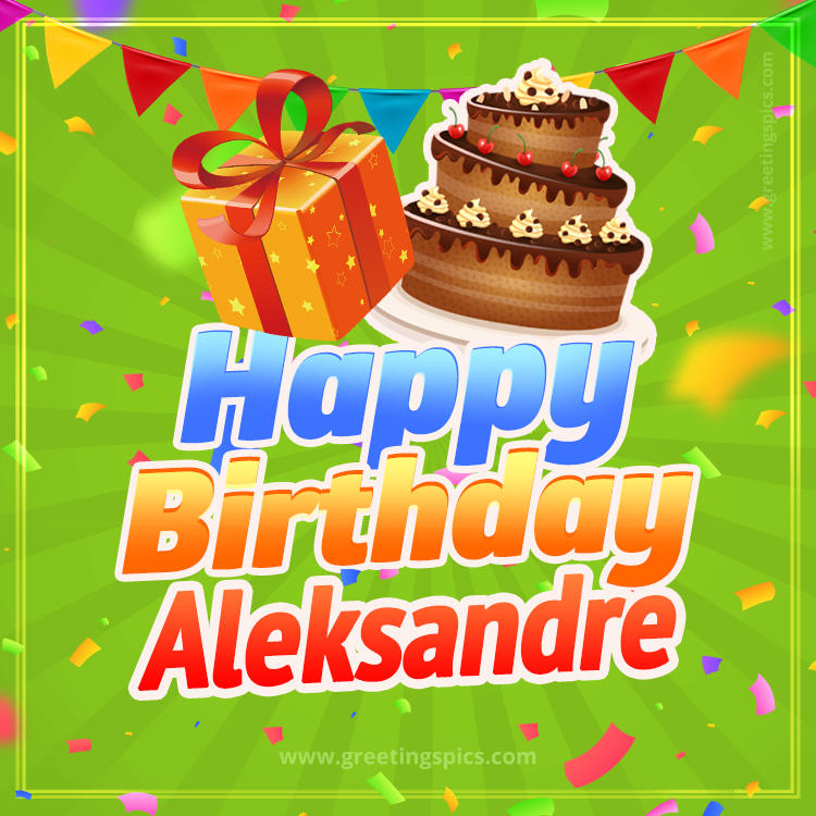 Happy Birthday Aleksandre picture with flags, chocolate cake and gift box (square shape image)