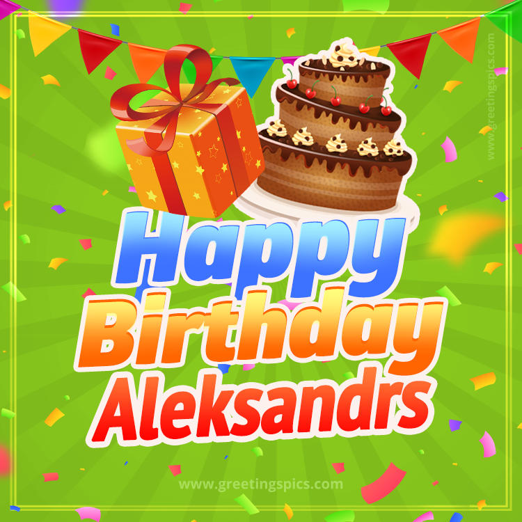 Happy Birthday Aleksandrs picture with flags, chocolate cake and gift box (square shape image)