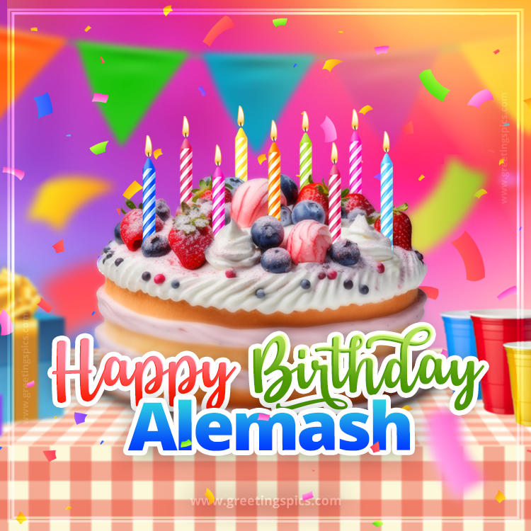 Happy Birthday Alemash Colorful Image with fruit cake and candles (square shape image)