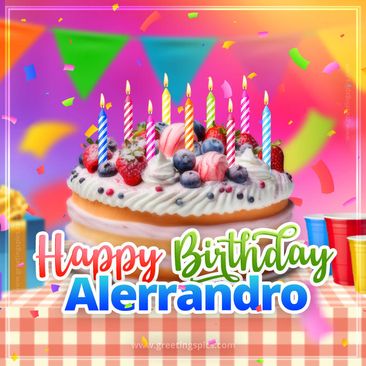 Happy Birthday Alerrandro Colorful Image with fruit cake and candles (square shape image)