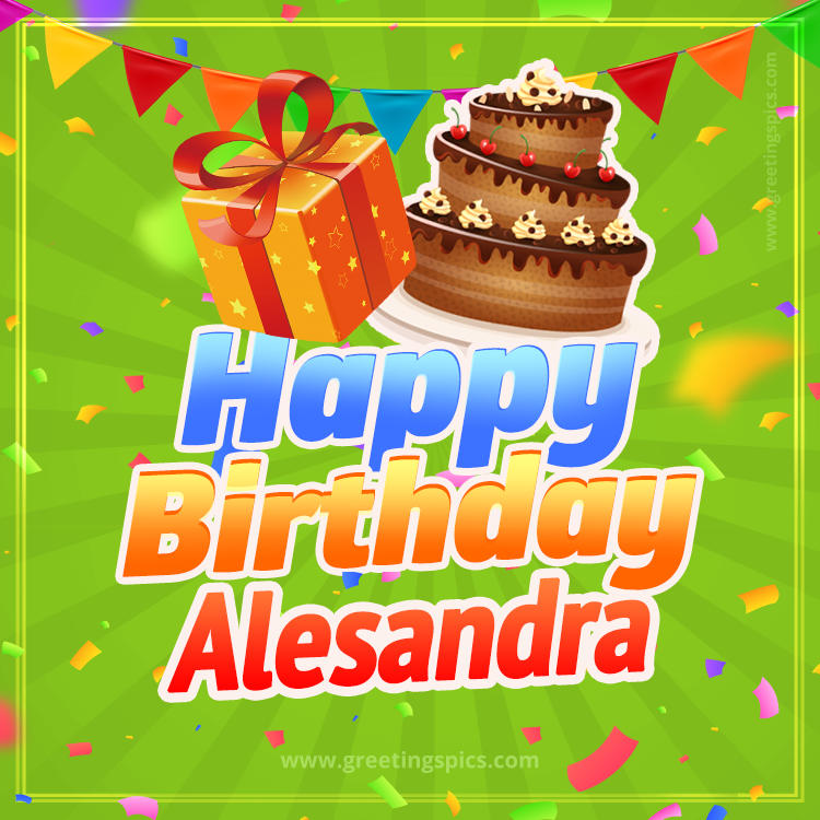 Happy Birthday Alesandra picture with flags, chocolate cake and gift box (square shape image)