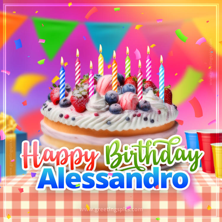 Happy Birthday Alessandro Colorful Image with fruit cake and candles (square shape image)