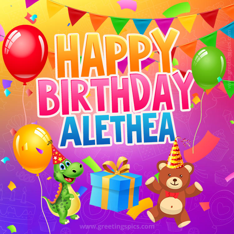 Happy Birthday Alethea Image for a child with cute dinosaur and bear (square shape image)